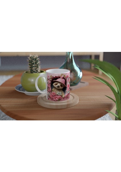 Pembe Şapkalı Tembel Hayvan Çiçekli Baskılı Kupa Bardak fırsatları