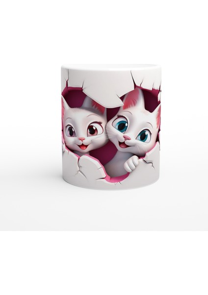 Kalp Figürlü Çatlak Duvardan Bakan Neşeli Kediler Temalı Baskılı Kupa Bardak