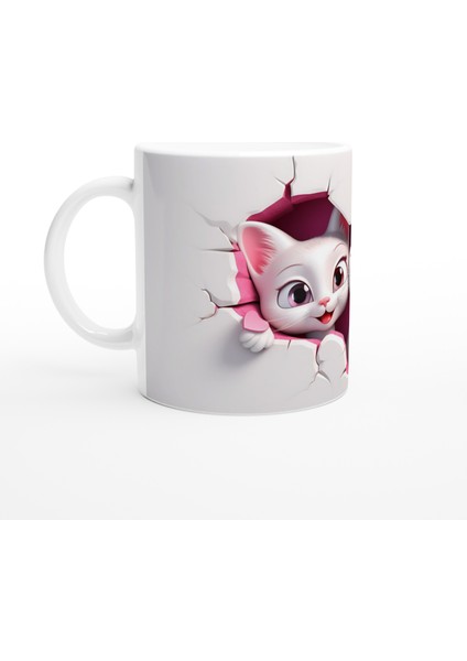 Kalp Figürlü Çatlak Duvardan Bakan Neşeli Kediler Temalı Baskılı Kupa Bardak fiyatları