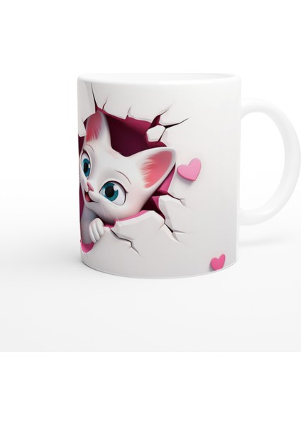 Kalp Figürlü Çatlak Duvardan Bakan Neşeli Kediler Temalı Baskılı Kupa Bardak modelleri