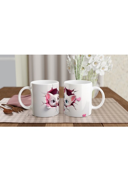 Kalp Figürlü Çatlak Duvardan Bakan Neşeli Kediler Temalı Baskılı Kupa Bardak indirimleri