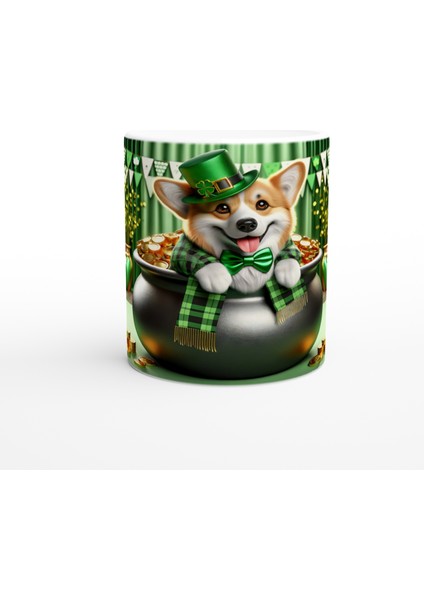 St. Patrick Şapkasıyla Gülümseyen Corgi Temalı Baskılı Kupa Bardak