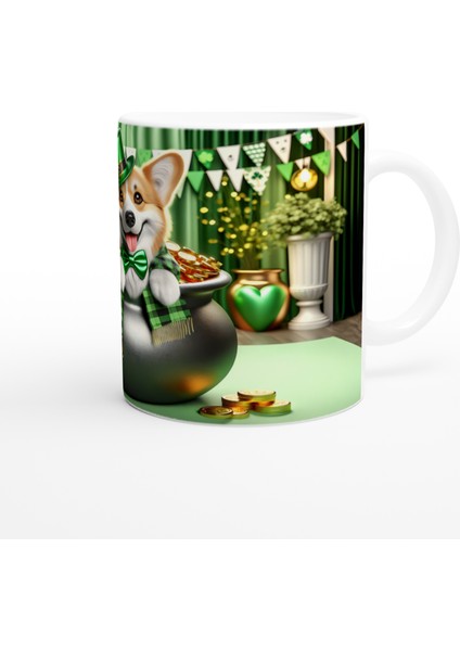 St. Patrick Şapkasıyla Gülümseyen Corgi Temalı Baskılı Kupa Bardak modelleri