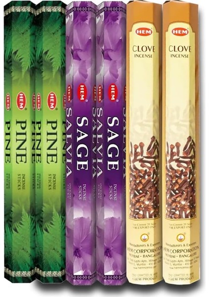 6lı Paket 3 Farklı Koku Hem Tütsü, Toplam 120 Çubuk Tütsü, 2x Sage, 2x Pine, 2x Clove Koku Çeşitleri