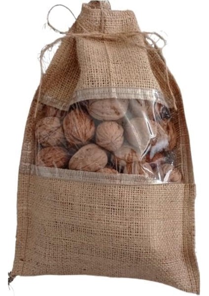 Ceviz Çuvalı, Organik Çuval, Naturel Kuruyemiş Çuvalı, Keten Çuval, Dekoratif Organik Çuval, Şeffaf Pencereli, 21 Cm-32 Cm, 10 Adet, 1 kg Ürün Taşır.