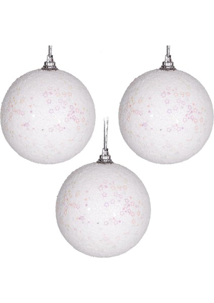 Yılbaşı Topu Pembe Parlak Yıldız Desenli 3'lü Set Beyaz 7 cm .