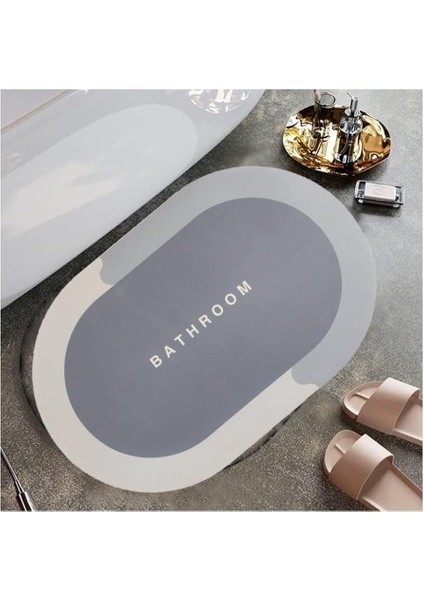 Banyo Paspası Süper Su Emici Kaymaz Tabanlı Paspas Banyo Paspası Oval Diatomit Paspas Süper Emici Paspas Oval (60 x 39 cm ) (Gri)