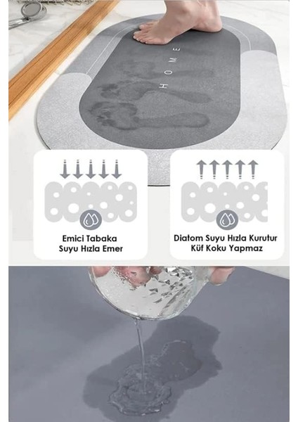 Banyo Paspası Süper Su Emici Kaymaz Tabanlı Paspas Banyo Paspası Oval Diatomit Paspas Süper Emici Paspas Oval (60 x 39 cm ) (Gri)