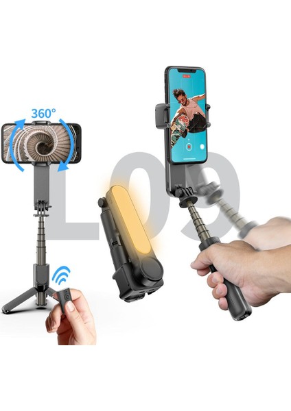 Akıllı Telefonlar İçin Gimbal Stabilizator Kendinden Işıklı Ultra Hafif 360 Derece Dönebilen Başlık Android ve iPhone ile Uyumlu Katlanabilir Video Kaydı için Sabitleyici L09