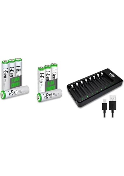 G879 8'li Pil Şarj Aleti + 4 Adet Aa 2700 Mah + 4 Adet Aaa 900 Mah Şarjlı Kalem Pilli Set 1.2V Ni-Mh