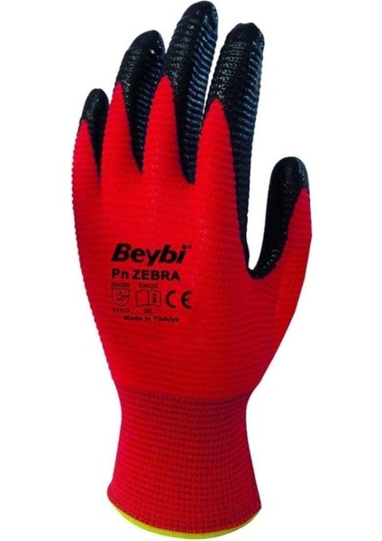Pn Zebra Polyester Örme Nitril Eldiven No 10, Çift, Kırmızı