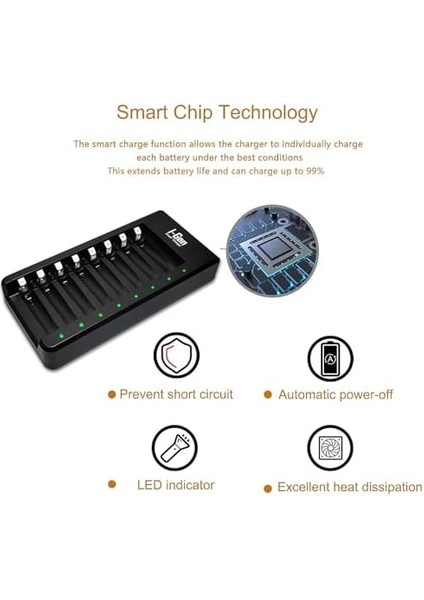G811 8'li Pil Şarj Aleti + 8 Adet Aaa Pro 1100 Mah Şarj Edilebilir Ince Şarjlı Kalem Pilli Set 1.2V Ni-Mh
