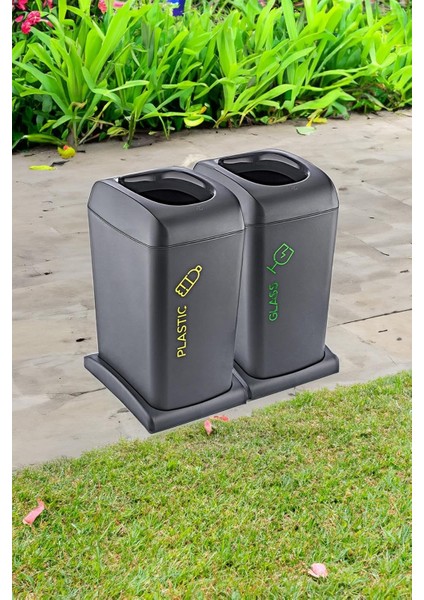 2'li Set Soft Tekerlekli Cam-Plastik Geri Dönüşüm Kutusu 40 Lt - Antrasit, Çok Amaçlı Geri Dönüşüm Kutusu