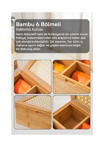 Bölmeli Bambu Çay Kutusu - Kapaklı Poşet Çay Saklama Kutusu Aksesuar Takı Düzenleyici Organizer