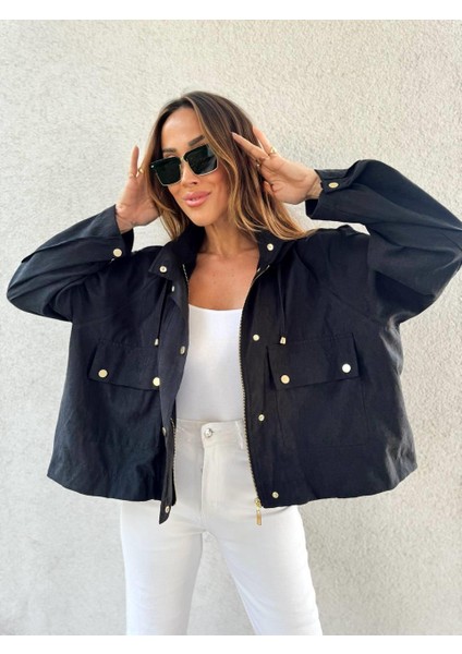 4s Women Kadın Iri Cepli Reglan Kol Kapüşonlu Oversize Ince Mont