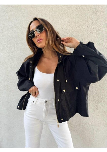 4s Women Kadın Iri Cepli Reglan Kol Kapüşonlu Oversize Ince Mont fırsatları