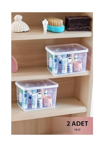 2'li Set Stafi Çok Amaçlı Kapaklı Kutu Şeffaf 18 lt