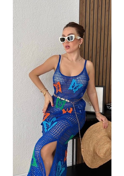 Kadın Örgü Pareo Uzun Plaj Elbisesi Desenli Bikini Üstü
