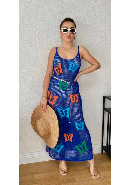 Kadın Örgü Pareo Uzun Plaj Elbisesi Desenli Bikini Üstü