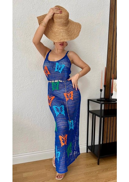 Kadın Örgü Pareo Uzun Plaj Elbisesi Desenli Bikini Üstü