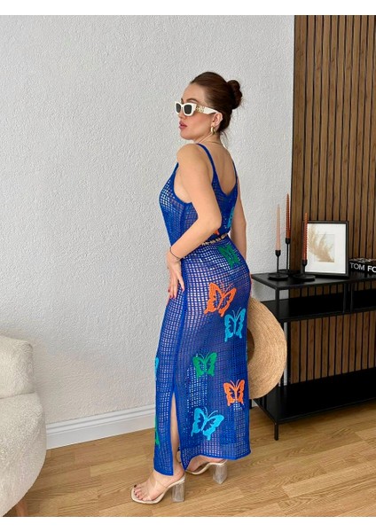Kadın Örgü Pareo Uzun Plaj Elbisesi Desenli Bikini Üstü