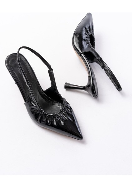 İNF-40451 Siyah Kırışık Rugan Günlük Arkası Açık Topuklu Bayan Ayakkabı fırsatları