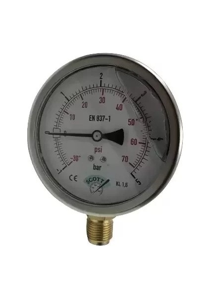 Manometre Gliserinli Alttan Çıkışlı Q100 - 0 - 1 + 5 Bar 1/2 (Lisinya)