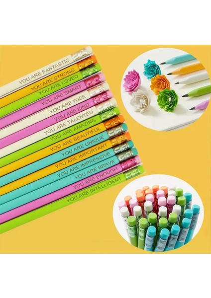 Makaron Renkli Motivasyon Kalemleri 3 Adet Kaliteli Reçine Katlkılı Kurşun Kalem