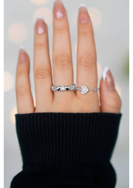 Taşlı Ayarlanabilir Zarif Kalp Model 2'li Gümüş Kadın Yüzük