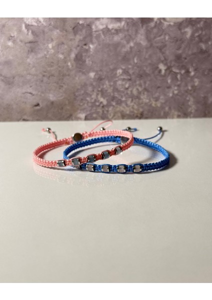 Akuamarin, Pembe Kuvars, Hematit 2'li Bileklik - Çift Bileklik - Tasarım Makrome Bileklik 4mm Ayarlanabilir