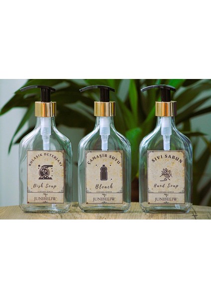 3lü Set Vintage Gold Yassı Model Cam Boş Bulaşık Deterjanlık Çamaşır Suyu Sıvı Sabunluk 3X200ML