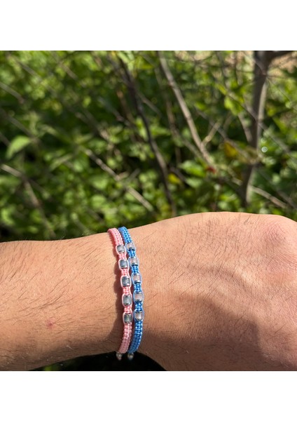 Akuamarin, Pembe Kuvars, Hematit 2'li Bileklik - Çift Bileklik - Tasarım Makrome Bileklik 4mm Ayarlanabilir indirimleri