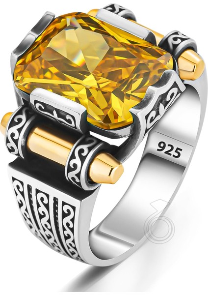 Gümüş Oktagon Kesim Sarı Sitrin Taşlı Erkek Yüzük