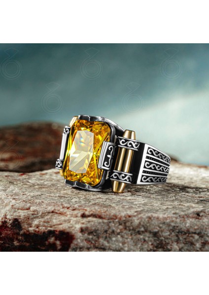 Gümüş Oktagon Kesim Sarı Sitrin Taşlı Erkek Yüzük fiyatları