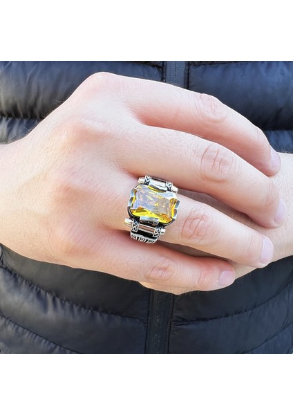 Gümüş Oktagon Kesim Sarı Sitrin Taşlı Erkek Yüzük modelleri