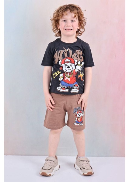 Pjkskt Cool Ayıcık Desenli Bej Şortlu Erkek Çocuk Kısa Kol Takım 7627-B