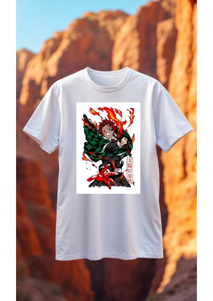 DS30 Demon Slayer Beyaz Baskılı Tişört Premium Kaliteli Kumaş Soyulmayan Baskı
