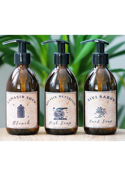 3lü Set Vintage Amber Cam Boş Şişe Bulaşık Deterjanlık Çamaşır Suyu Sıvı Sabun 3X250ML