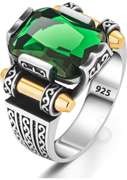 Gümüş Oktagon Kesim Yeşil Zirkon Taşlı Erkek Yüzük