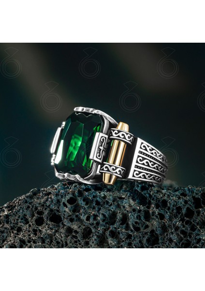 Gümüş Oktagon Kesim Yeşil Zirkon Taşlı Erkek Yüzük fiyatları