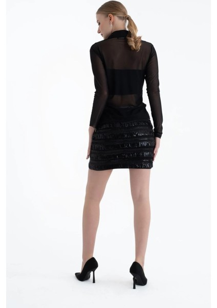 Siyah Transparan Uzun Kollu Polyester Kumaş Trend Kadın Mesh Gömlek