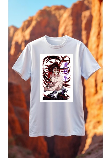 DS27 Demon Slayer Beyaz Baskılı Tişört Premium Kaliteli Kumaş Soyulmayan Baskı