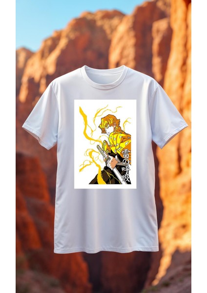 DS26 Demon Slayer Beyaz Baskılı Tişört Premium Kaliteli Kumaş Soyulmayan Baskı