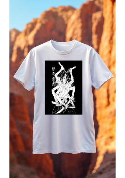 DS110 Demon Slayer Beyaz Baskılı Tişört Premium Kaliteli Kumaş Soyulmayan Baskı