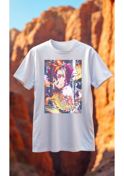 Tan1 Demon Slayer Beyaz Baskılı Tişört Premium Kaliteli Kumaş Soyulmayan Baskı