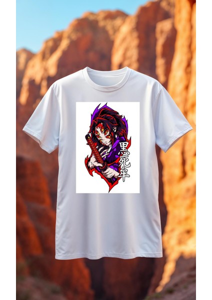 DS28 Demon Slayer Beyaz Baskılı Tişört Premium Kaliteli Kumaş Soyulmayan Baskı