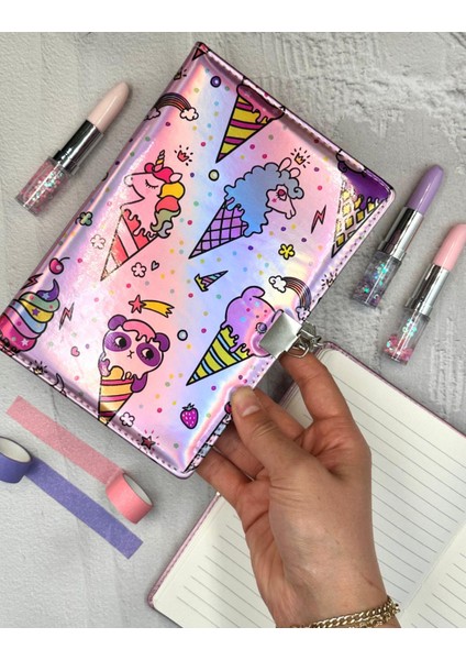 Sevimli Unicorn Desenli Yumuşak Kapak Çizgili Kilitli Günlük Defter Ajanda