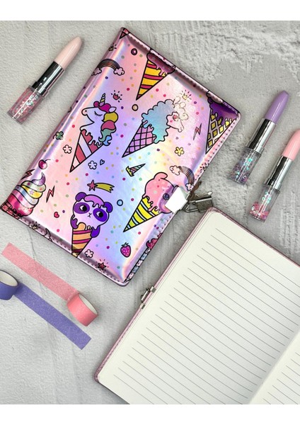 Sevimli Unicorn Desenli Yumuşak Kapak Çizgili Kilitli Günlük Defter Ajanda