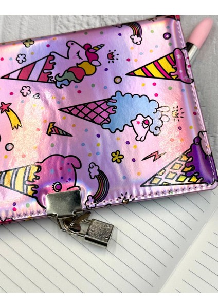 Sevimli Unicorn Desenli Yumuşak Kapak Çizgili Kilitli Günlük Defter Ajanda