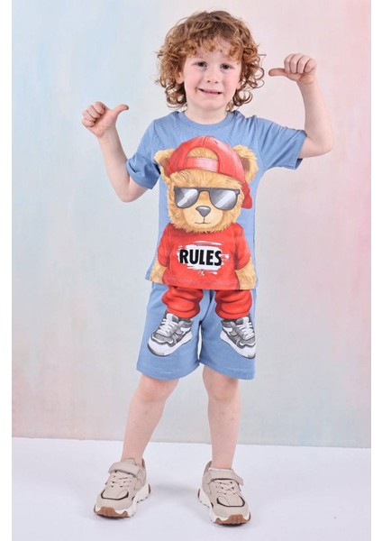 Pjkskt Şapkalı Ayıcık Desenli Mavi Şortlu Erkek Çocuk Kısa Kol Takım 7600-M